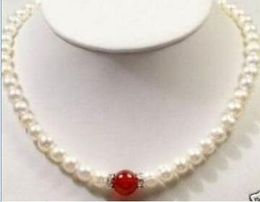 8-9mm Natural White Cultured Pearl /red jade Necklace 18"