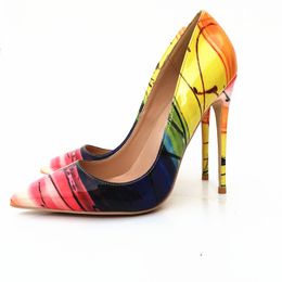 Euramerican new yellow striped lacquer high heel shoes fashionable sexy pointy head single shoe casual shoe size 33-45