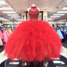 Gorgeous Red Beaded Ball Gown Quinceanera Dresses Halter Neck Crystals Prom Gowns Rhinestones Tulle Tiered Sequined Sweet 16 Dress