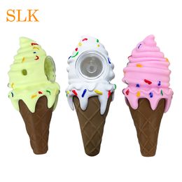 Cool silicone ice cream cone smoking pipes 3 colors platinum cured tobacco pipes stash glass bowl water bong custom logo