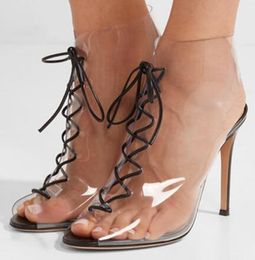 2018 Transparent Sandals Clear PVC High Heels Shoes Women Sandals Open Toe Thick Heel Slingbacks Pumps Wedding Lace Up sandals