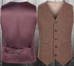 Fashion Brown Wool Tweed Groom Vest Formal Men's Waistcoat High Quality Men Wedding Wear Bridegroom Vests Casual Slim Vests Custom Made 11