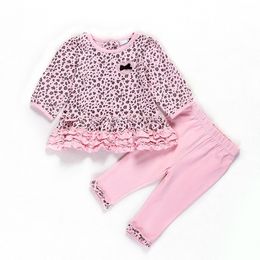 2 adet Bebek Bebek Kız Giysileri Set Çocuk T-shirt Üst + Pantolon Pembe Leopar Çocuk Giyim