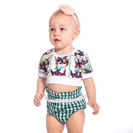 Toddler Clothing 2018 Kids Baby Girls Clothes Set Outfits Cats Print Short Sleeve Crop Tops +Plaid Lace Shorts Girls Clothing Summer 2PCS