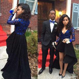 2017 Long Sleeves Lace Prom Dresses Sexy Deep V Neck Royal Blue Black Hi Lo Party Dresses 2K17 African Girls Short Dresses