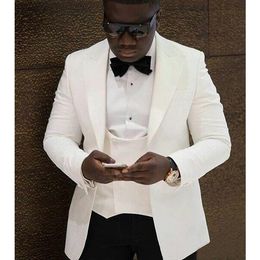 Latest Design One Button Ivory Groom Tuxedos Peak Lapel Groomsmen Best Man Mens Wedding Suits (Jacket+Pants+Vest+Tie) D:275