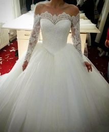 -Vintage 2019 mangas compridas vestidos de noiva de renda rouba de casamento vestidos de bola apliques vestido de noiva Líbano vestidos nupciais