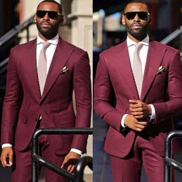 New Fashion Burgundy Groom Tuxedos Peaked Lapel Two Button Groomsmen Blazer Men Formal Suit Party Prom Suit(Jacket+Pants+Tie) NO:142