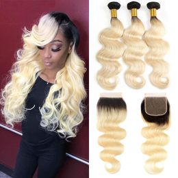 Two Tone 1B/613 Ombre Blonde Dark Roots Brazilian Body Wave Human Hair Weave Bundles With 4x4 Free Part Top Closure Hair Extension