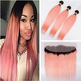 Black and Light Pink Ombre Full Lace Frontal Closure 13x4 with Bundles Straight #1B/Light Pink Ombre Virgin Hair Weaves with Frontal