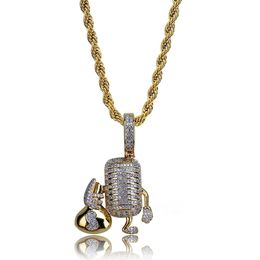 Hip Hop Copper Microphone Holding Money Bag Iced Out Cubic Zircon Pendant Necklace Men Jewelry With Rope Chain