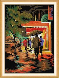 streetscape in the rainy night home decor paintings ,Handmade Cross Stitch Embroidery Needlework sets counted print on canvas DMC 14CT /11CT