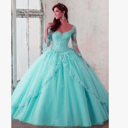 New Quinceanera Pageant Ball Gown Long-sleeve Dresses Prom Party Dresses Pink Tulle Applique Lace Sexy 16 Dresses DH4066