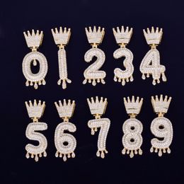 Custom Men's Crown Drip Number Necklaces & Pendant Ice Out Cubic Zircon Hip Hop Jewellery Gold Silver Colour