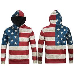 Men's Cool Stylish Autumn Long Sleeve 3D Print American Flag Paern Hoody Sweatershirts with Hat Pullover Sportwear