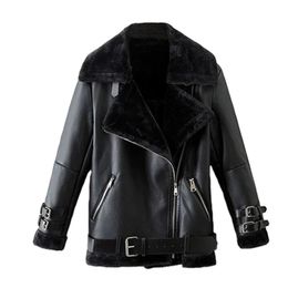 Faux Leather Suede Coat Black Leather Jacket Winter Warm Lambs Wool Fur Collar Suede Jackets Shearling Coats Women