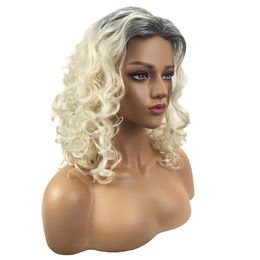 Factory direct Cosplay Free shipping New black blonde ombre front lace wigs Heat Resistant two tone afro kinky curl synthetic lace front wig