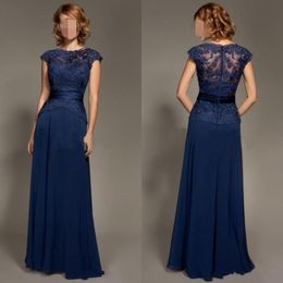 New Dark Blue Scoop Neckline Lace Chiffon Cap Sleeves Mother Of The Bride Dresses Floor-Length Mommy Dress Plus Size Mother of Bride Dress