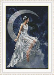 The white moon fairy girls decor paintings , Handmade Cross Stitch Embroidery Needlework sets counted print on canvas DMC 14CT /11CT
