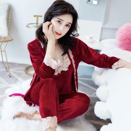 Edição coreano pijama feminino inverno mangas compridas terno de veludo de três peças set v collar sexy kimono hotel robe roupas de decoração para casa a928