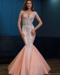 Pink Mermaid Luxurious 2019 Evening Dresses Betau Neck Long Sleeves Crystals Beads Prom Dress Satin Lining Girls Pageant Formal Party Gowns