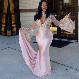 South African Pink High Neck Prom Dresses Plus Size Deep V Neckline Sheer Long Trumpet Sleeves Evening Gowns Lace Appliques Long Party Dress