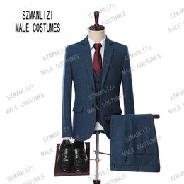 Wool Business Suits Men 2019 High Quality Tailor Made Gentleman Tuxedo Wedding Tweed Plaid Groom Suit 3 Pieces (Jacket+Vest+Pants+Tie)