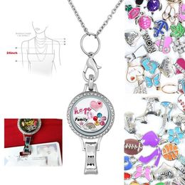 Floating Locket Lanyard ID Badge Holder w/ 50pcs No Duplicated Floating Charms + 30'' Stainless Steel Necklace Chain Mother's day Birthday G