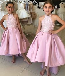 Hi-Low Pink Lace Flower Girl Dresses 2019 Halter Neckline Satin Skirt Backless Ball Gown First Communion Dress Pageant Dress Toddler Plus