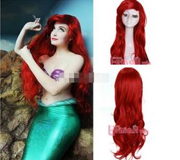 Free shipping++++Long Dark Red Curly Little Mermaid Princess Ariel Synthetic Cosplay Wig