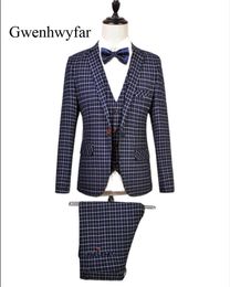 Gwenhwyfar 2018 Brand New Men Suit Wedding Slim Fit Business Casual Party Groom Red Blue Plaid Men Tuxedos (Jacket+Pants+Vest)