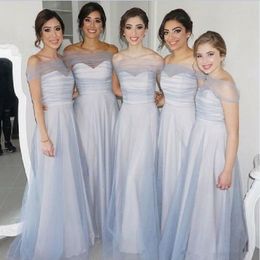 Light Grey Off Shoulder Bridesmaid Dresses For Wedding Silver A Line Maid Of Honour Gowns Tulle Cover Chiffon Bridesmaid Dress Cheap