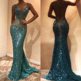 Evening Sequined Mermaid Dresses Spaghetti Straps Lace Applique See Through Backless Sweep Train Formal Prom Gowns