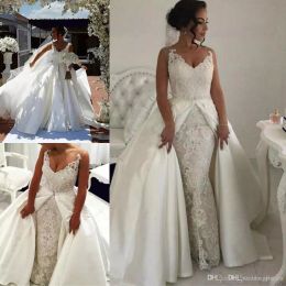 New Arrival Luxury Mermaid Wedding Dresses With Detachable Train Lace Applique V Neck Country Wedding Gowns Satin Bridal Dresses