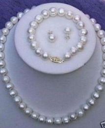 natural 8-9mm WHITE Freshwater Cultured PEARLS NECKLACE Bracelet Earring Set