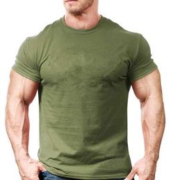 -Мужчины хлопок твердые с коротким рукавом футболка летние спортивные залы фитнес тренировки тонкий O-образным вырезом футболка мужской Tee топы повседневная армия зеленый одежда