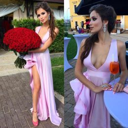 A-Line Pink Evening Dresses Sexy Long Deep V-Neck Sleeveless Backless Side Split Elastic Satin Prom Dresses Party Gowns