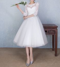 Tea Lenth Short Wedding Dress Ball Gown Cheap Lace Three Quarter Sleeves Zipper Back Bridal Gowns Plus Size