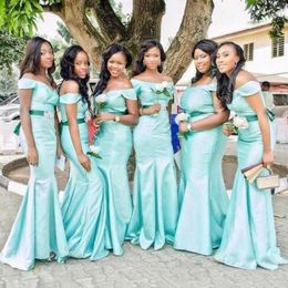 Turquoise Off Shoulder Long Bridesmaid Dresses Sheath Floor-Length With Sashes Evening Dress Custom Made Guest Gowns For Wedding