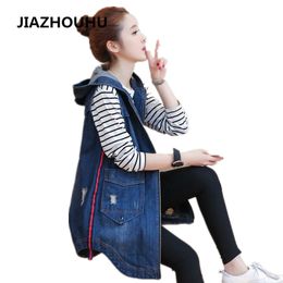 Casual Frayed Hole Large Pocket Denim Vest Women Sleeveless Coat Female Red Line Hooded Cardigan Outwear Plus Size Long Vest