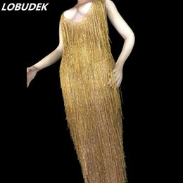 Wholesale High Quality Women Gold Tassels Long Dress Sparkly Crystals Leotard Dresses Sexy Nightclub DJ Singer Stage Costume Party Clothes