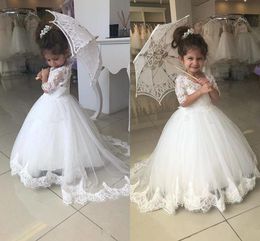 Princess Flower White Girls Dresses Vestidos Jóia Pescoço de mangas meio Apliques de renda de tule Tule Black Ball Vester Kids Annitelo