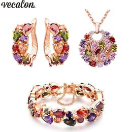 Vecalon Luxury Mona Lisa Style Mutil Colours 5A Zircon Cz Rose Gold Filled Necklace Earringe Bracelet Jewellery set for women