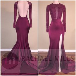 Sexy Burgundy Mermaid Prom Dresses Jewel Neck High Side Split Long Sleeves Lace Applique Backless Formal Evening Party Gowns Custom