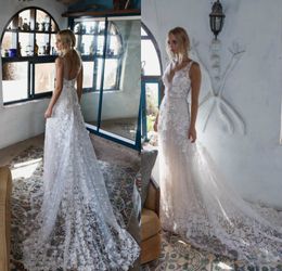 Limor Rosen 2018 Brautkleider Hofschleppe 3D-Blumenapplikationen Brautkleider A-Linie mit Schärpe V-Ausschnitt Träger Country Robe De Mariée