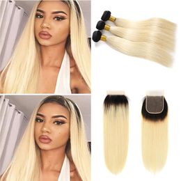 Ombre Brazilian Straight Human Hair 3 Bundles with Lace Closure Free Part Brazilian 1B/613# Honey Blonde Virgin Hair Weave with Closure