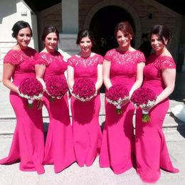 Hot Pink Long Bridesmaid Dresses Jewel Short Sleeves Sheath Evening Gowns Back Zipper Floor-Length Custom Made Formal Party Gowns
