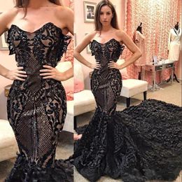 Glamorous Mermaid Evening Dress Sequins Beads Sweetheart Neckline Black 2018 Prom Dresses Sweep Train Special Occasion Gowns