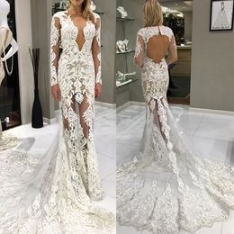 Mermaid Lace Illusion Berta Wedding Dresses Long Sleeves Sheer V Neck Bridal Dresses Sexy Backless Wedding Gowns