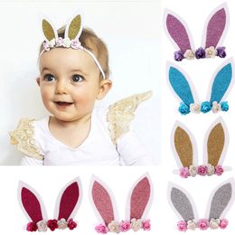 Baby-Stirnbänder für Mädchen-Kaninchen-Ohr-Stirnband-nette Baby-Ostertag Häschen-Ohren Haarbänder Handgemachte 3D Blumen-Mädchen-Tiara Baby Haarschmuck
